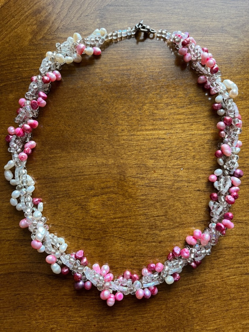 Vintage Handmade Pink and White Beaded Twist Necklace with Pearls